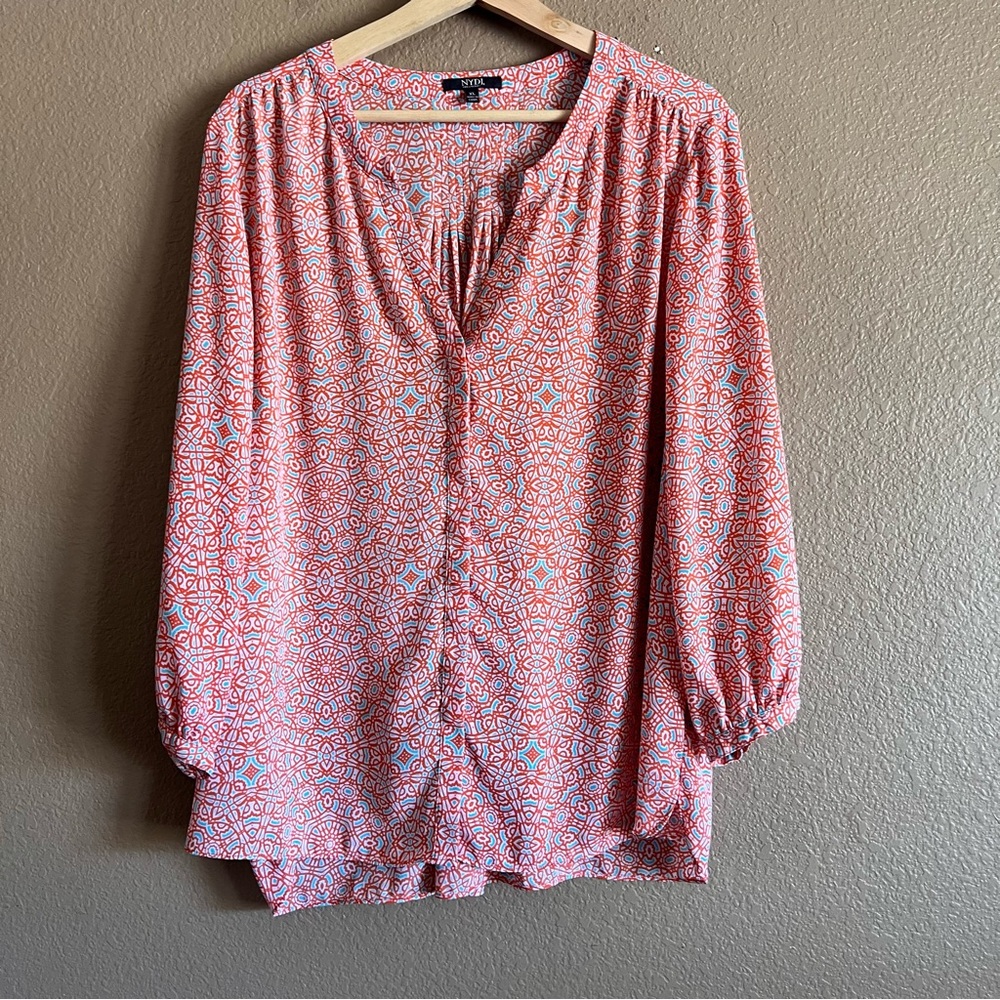 NYDJ Orange Split Neck Button-Up Blouse and 3/4 Sleeves Size XL